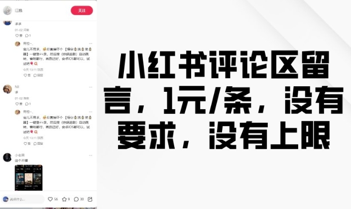 小红书评论区留言，1元条，没有要求，没有上限-玖玖资源网
