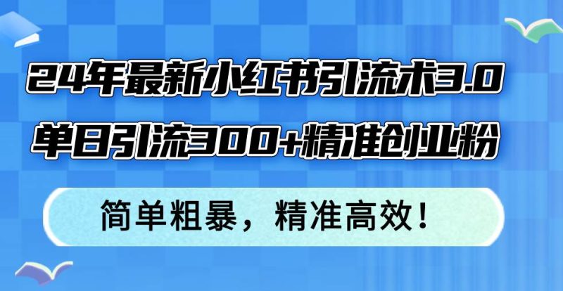 24年最新小红书引流术3.0，单日引流300+精准创业粉，简单粗暴，精准高效！-玖玖资源网