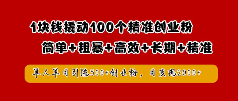 1块钱撬动100个精准创业粉，简单粗暴高效长期精准，单人单日引流500+创业粉，日变现2000+-玖玖资源网