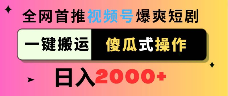 视频号爆爽短剧推广，一键搬运，傻瓜式操作，日入2000+-玖玖资源网