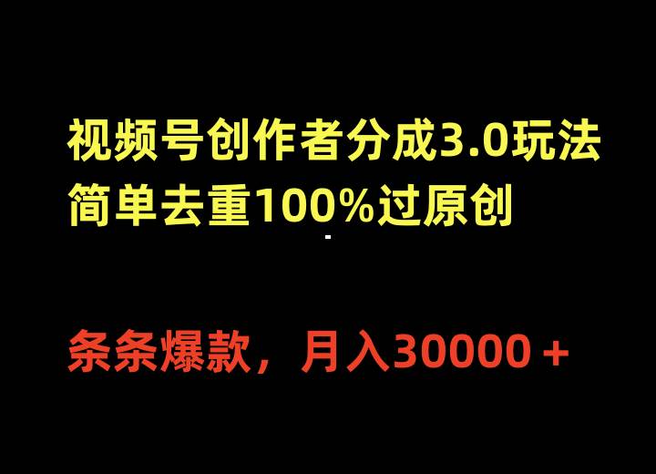 视频号创作者分成3.0玩法，简单去重100%过原创，条条爆款，月入30000＋-玖玖资源网