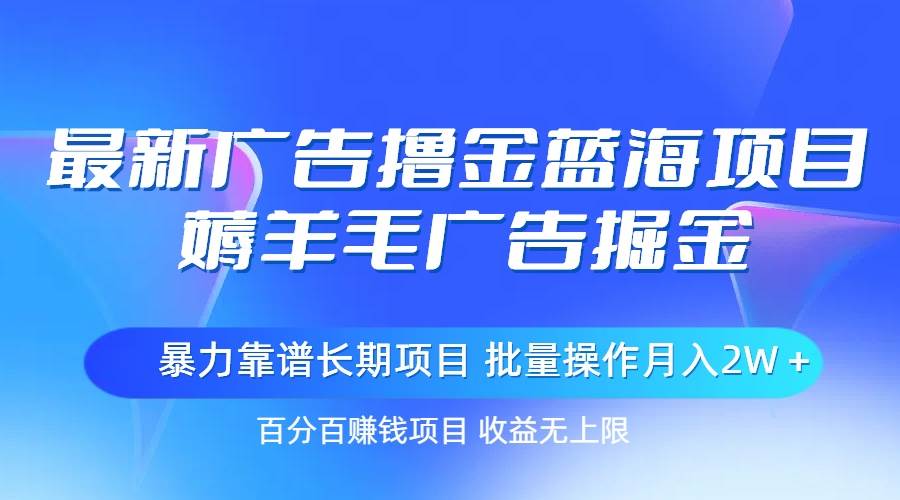 最新广告撸金蓝海项目，薅羊毛广告掘金 长期项目 批量操作月入2W＋-玖玖资源网