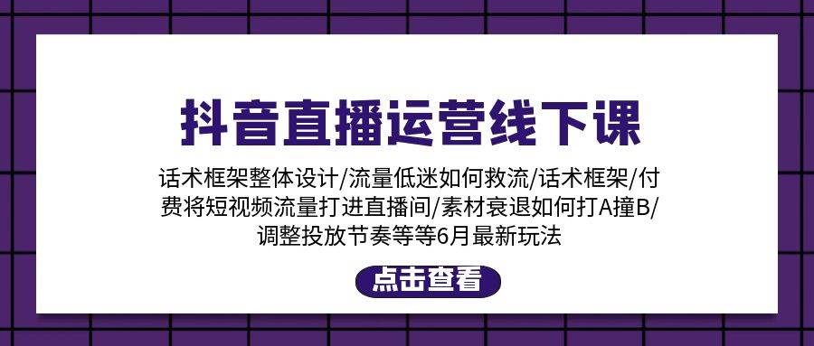 抖音直播运营线下课：话术框架/付费流量直播间/素材A撞B/等6月新玩法-玖玖资源网