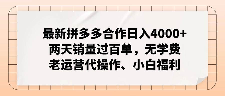 最新拼多多合作日入4000+两天销量过百单，无学费、老运营代操作、小白福利-玖玖资源网