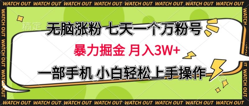 无脑涨粉 七天一个万粉号 暴力掘金 月入三万+，一部手机小白轻松上手操作-玖玖资源网