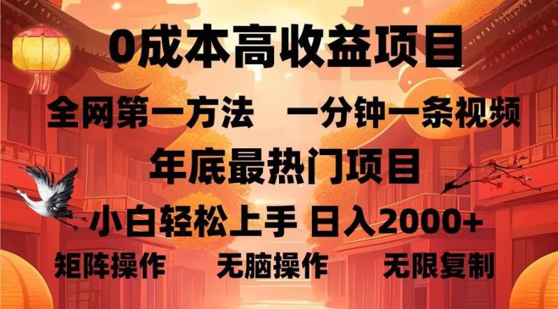 0成本高收益蓝海项目，一分钟一条视频，年底最热项目，小白轻松日入2000＋-玖玖资源网