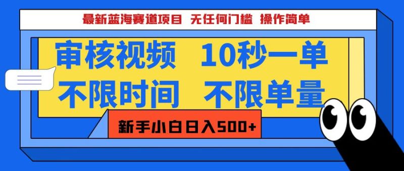 最新蓝海赛道项目，视频审核玩法，10秒一单，不限时间，不限单量，新手小白一天500+-玖玖资源网
