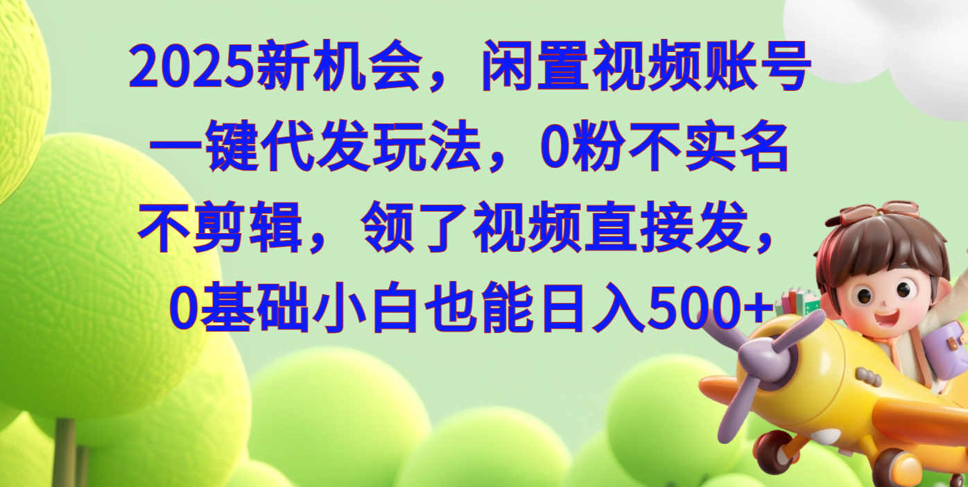 2025新机会，闲置视频账号一键代发玩法，0粉不实名不剪辑，领了视频直接发，0基础小白也能日入500-玖玖资源网