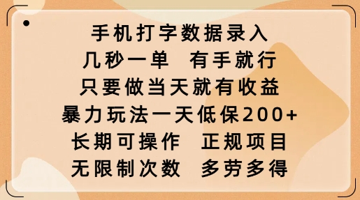 手机打字数据录入，几秒一单，有手就行，只要做当天就有收益，暴力玩法一天低保2张-玖玖资源网