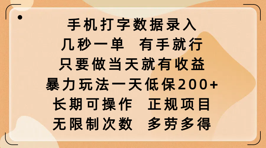 手机打字数据录入，几秒一单，有手就行，只要做当天就有收益，暴力玩法一天低保200+，长期可操作，正规项目，无限制次数，多劳多得-玖玖资源网