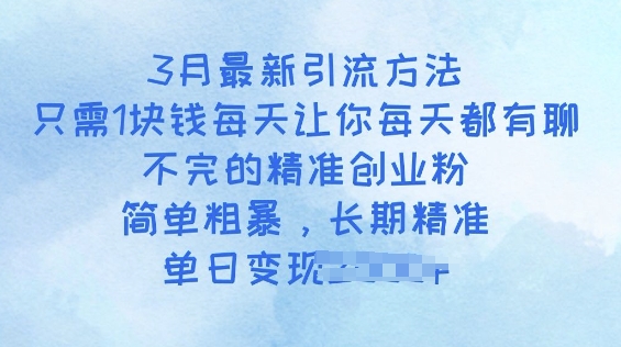 3月最新引流方法，只需1块钱每天让你每天都有聊不完的精准创业粉，简单粗暴，长期精准-玖玖资源网