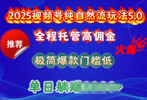 2025视频号纯自然流玩法5.0，全程托管高佣金，极简爆款门槛低，单日收益多张【揭秘】-玖玖资源网