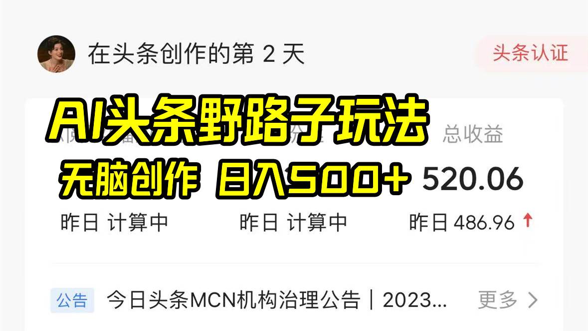 AI头条野路子玩法，无脑创作，日入500+-玖玖资源网