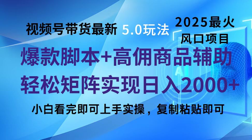 视频号带货最新5.0玩法，作品制作简单，当天起号，复制粘贴，脚本辅助，轻松矩阵日入2000+-玖玖资源网